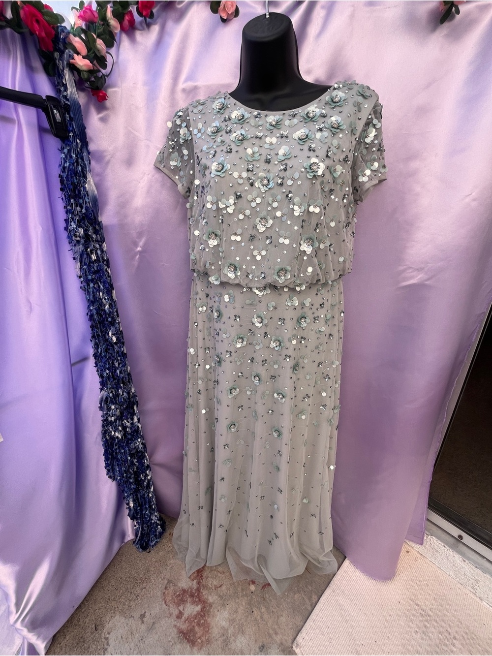 Adrianna Papell Sage Icy Gray Floral Sequin Maxi Dress